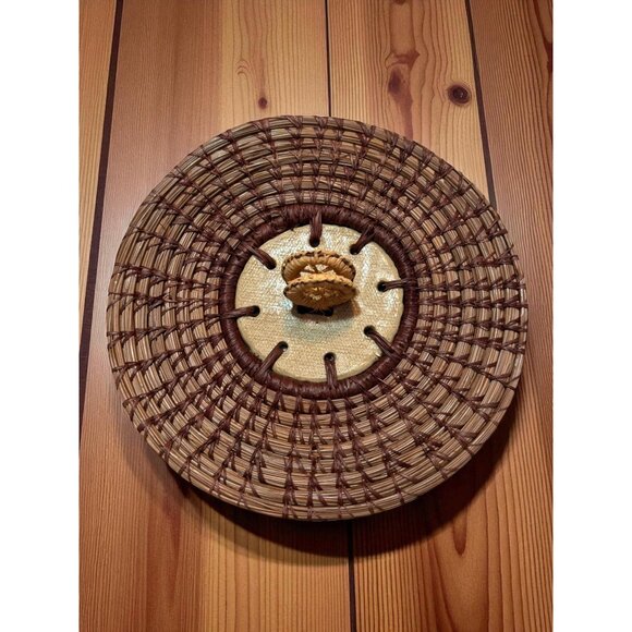 Vintage Pine needle woven & Pottery Bowl Cover / lid Hotplate trivet 6" D - Picture 2 of 4